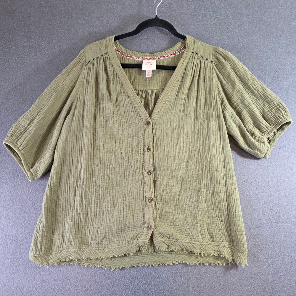 Knox Rose Olive Green Gauze Button Front Top XL Frayed Hem Boho 100% Cotton